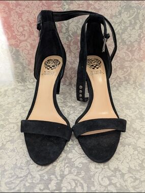 Vince Camuto Black Suede Open-Toe Ankle Strap Heels